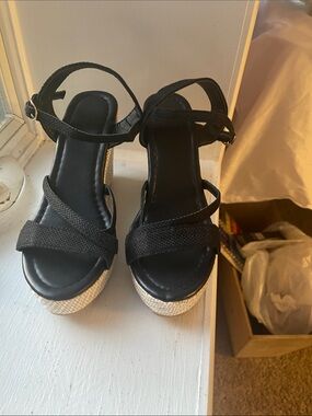 Black Woven Ankle-Strap Espadrille Wedges - Women